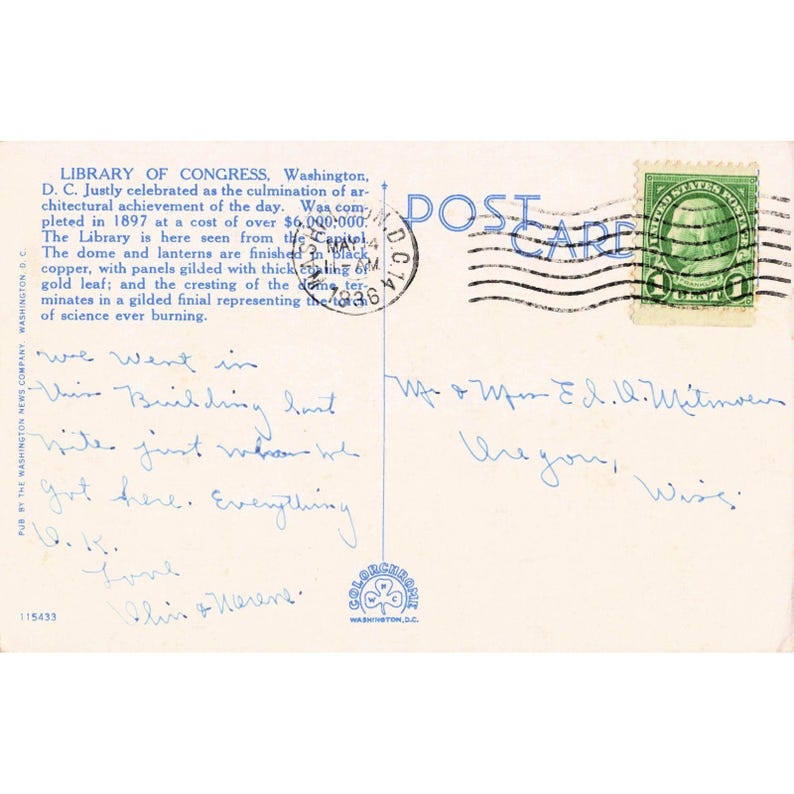 Vintage 1936 Library of Congress Washington DC Linen Postcard #51 immagine 2