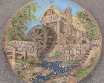 Vintage 3D Relief Wall Plaque Countryside Water Mill Cottage Scene Decor