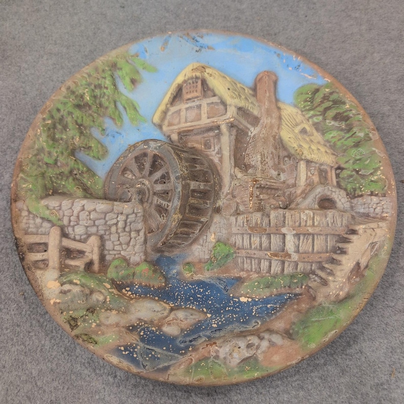 Vintage 3D Relief Wall Plaque Countryside Water Mill Cottage Scene Decor image 1