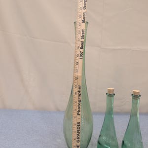 Vintage Green Glass Vase and Bottle Set 3 Piece Teardrop Decor with Corks image 2