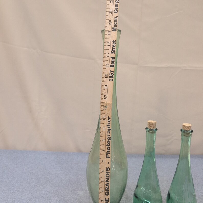Vintage Green Glass Vase and Bottle Set 3 Piece Teardrop Decor with Corks image 2