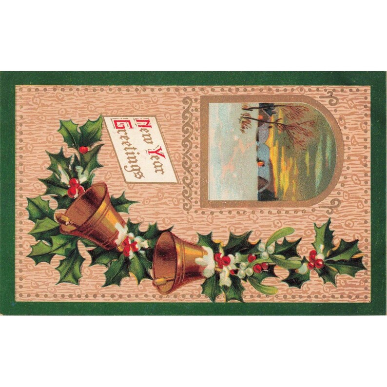 Antique New Year Greetings Postcard United Art Publishing Co Holly Bells Germany image 1