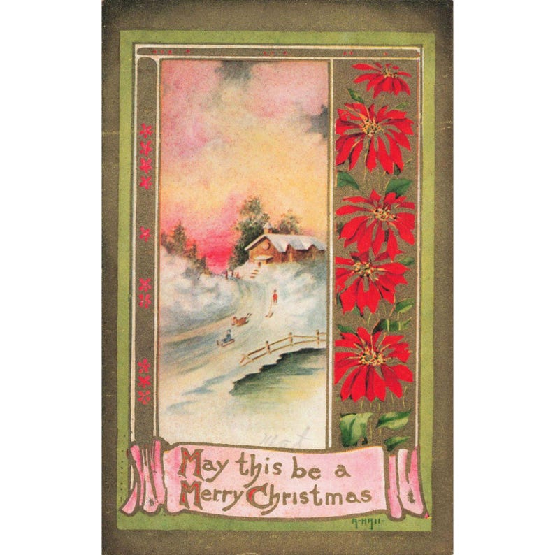Vintage Christmas Postcard Winter Sledding Scene Poinsettia Series No 74 VG image 1