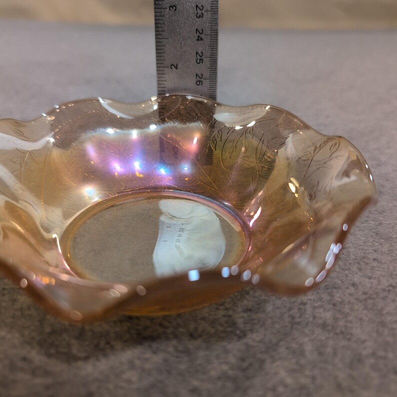 Vintage Jeanette Glass Iridescent Floragold Ruffle Edge Bowl Lotus Flower image 7