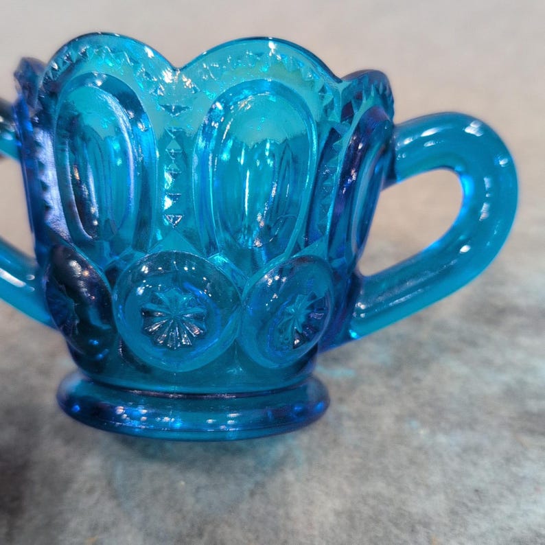 Vintage Blue Glassware Set Moon and Star Sugar Bowl & Scalloped Swirl Bowl Aqua image 5