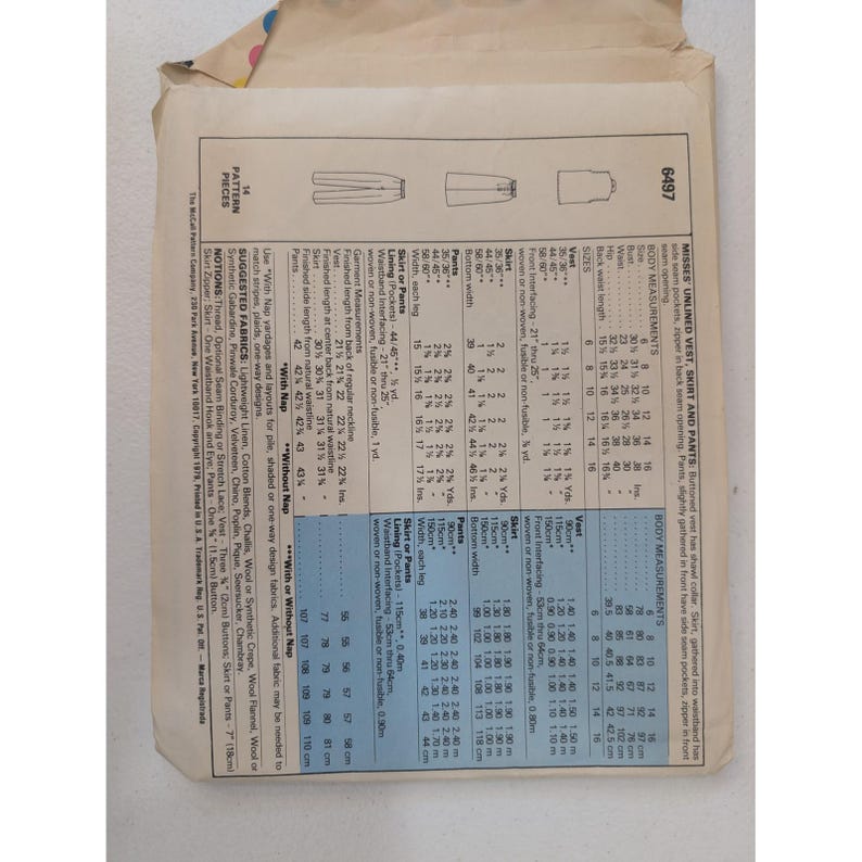 VTG 1979 McCall's Sewing Pattern 6497 Misses Unlined Vest Skirt Pants Size 16 image 3
