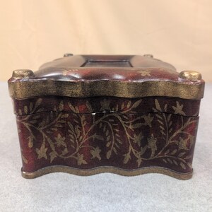 Chalkware Trinket Box Faux Wood Finish Gold Floral Vine Stencil Scalloped Edge image 7