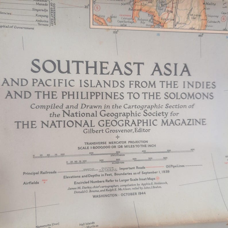 Mapa antiguo de National Geographic de 1944 del sudeste asiático y las islas del Pacífico durante la Segunda Guerra Mundial, 40x26 imagen 2