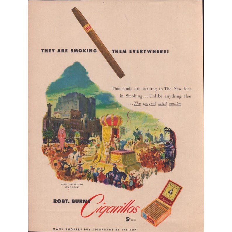 Vintage-Werbung für Robert Burns Zigarillos zum Mardi Gras in New Orleans Bild 1