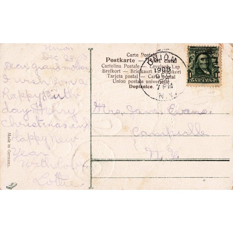 Antike Geburtstagskarte von 1908, Mädchen mit Sonnenschirm, geprägt, hergestellt in Deutschland Bild 2
