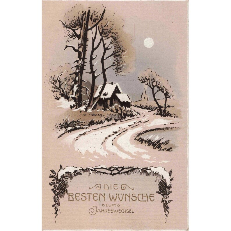 Carte postale du Nouvel An 1917, paysage enneigé allemand, Monroe, Wisconsin, très bon état. image 1