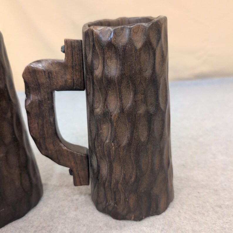 Vintage Hand Carved Wooden Mug Coat of Arms of Toledo, Spain Set of 2 Dark Wood image 5