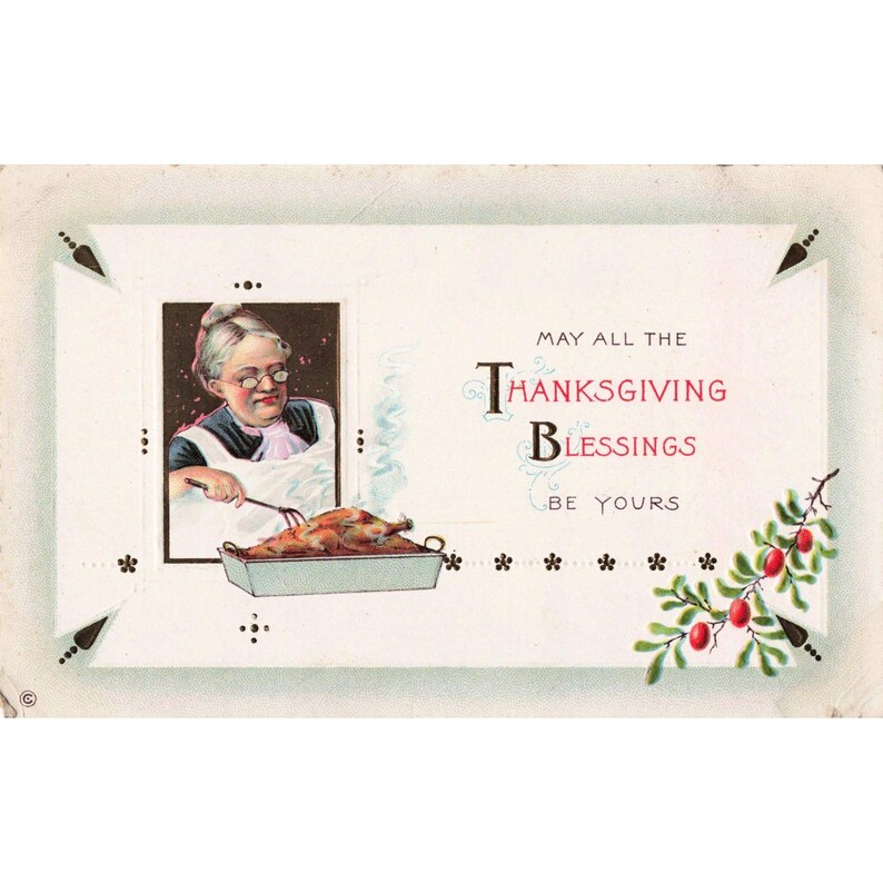 Vintage Thanksgiving Postcard Embossed Series 340 B Turkey Dinner Grandmother VG image 1