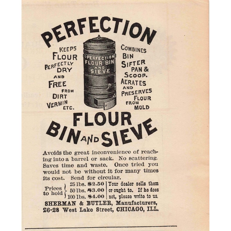 1892 Perfection Flour Bin and Sieve Vintage Kitchenware Antique Print Ad image 1