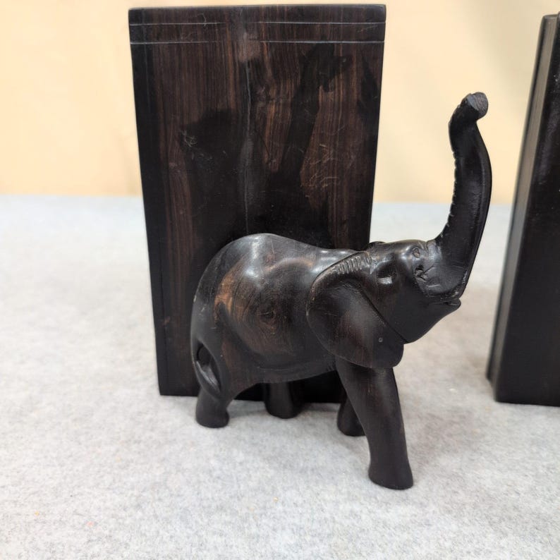 Vintage Hand Carved Wooden Elephant Bookends Dark Wood Broken Leg image 2