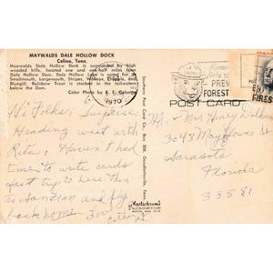 Carte postale ancienne de Maywalds Dale Hollow Dock, Celina, Tennessee (TN), cachet postal de 1970 image 2