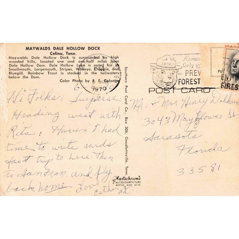 Carte postale ancienne de Maywalds Dale Hollow Dock, Celina, Tennessee (TN), cachet postal de 1970 image 2