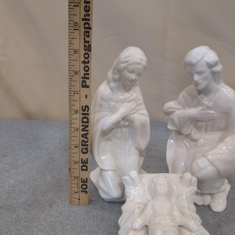 White Glazed Ceramic Nativity Set 3 Piece Holy Family Mary Joseph Baby Jesus image 5