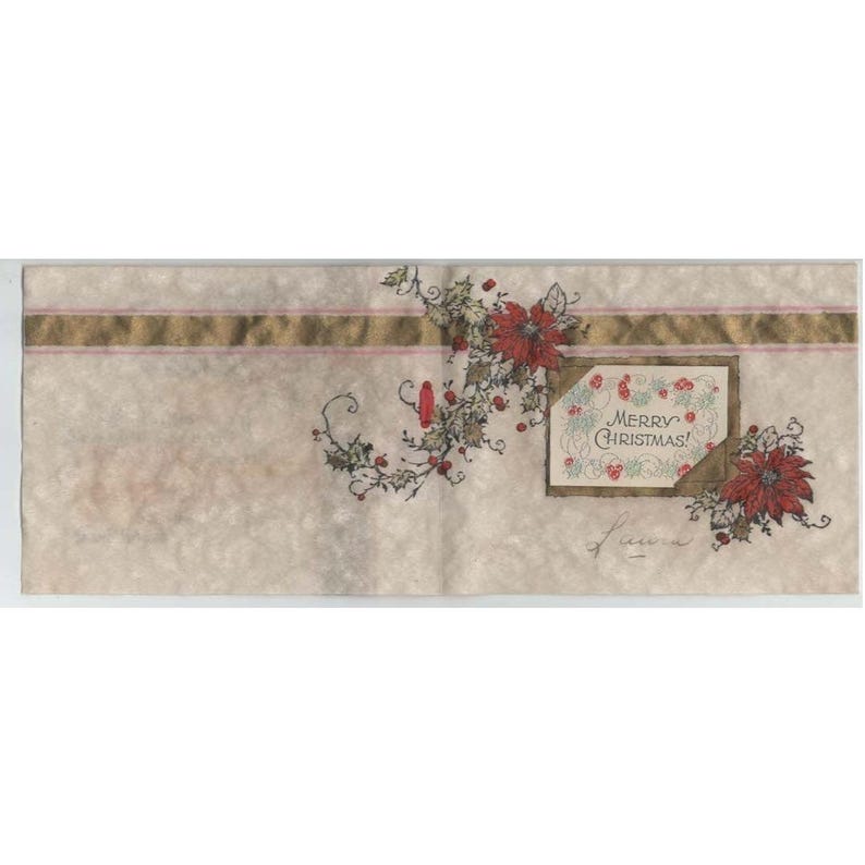 Biglietto d'auguri natalizio vintage con stella di Natale, agrifoglio e nastro rosso, Buon Natale VG immagine 2