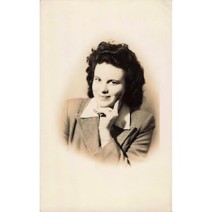 Vintage Black and White Portrait RPPC Photograph Woman Posed Blazer 1940s 1950s image 1