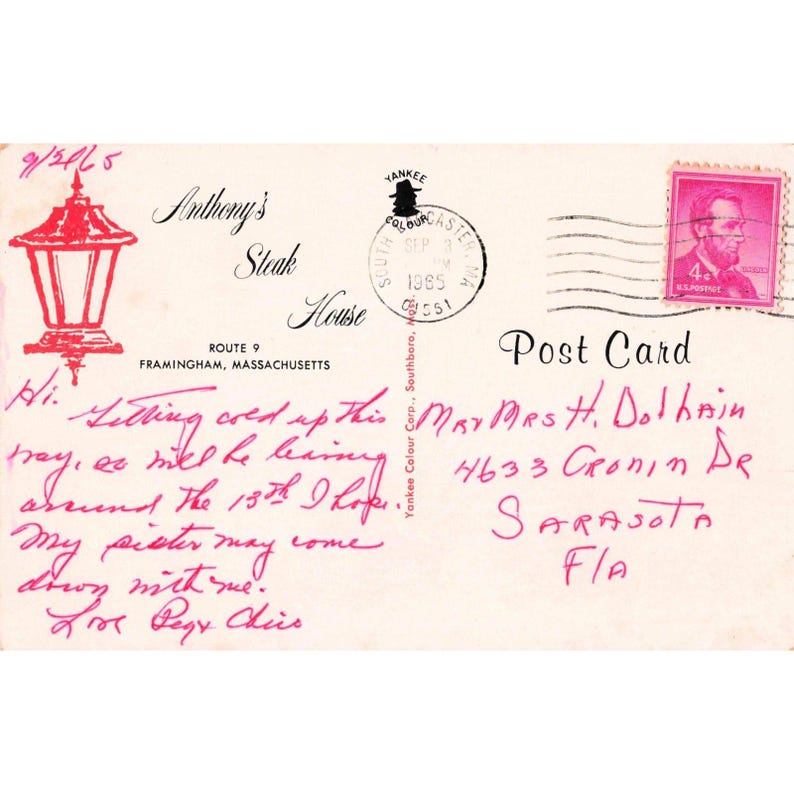 Vintage 1965 Anthony's Steak House Framingham Massachusetts Postcard Route 9 MA image 2