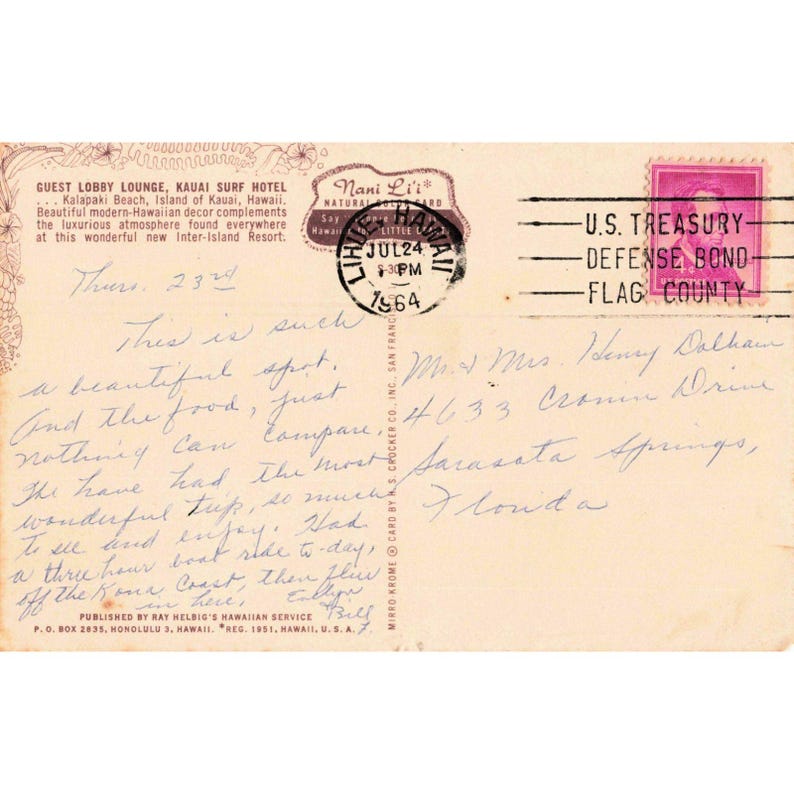 Vintage 1964 Kauai Surf Hotel Guest Lobby Lounge Hawaii Postcard Kalapaki Beach image 2