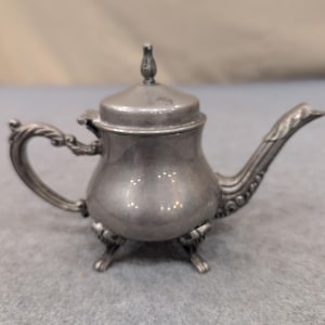 Vintage Miniature Silver Tone Footed Teapot Hinged Lid Ornate Collectible Decor image 3