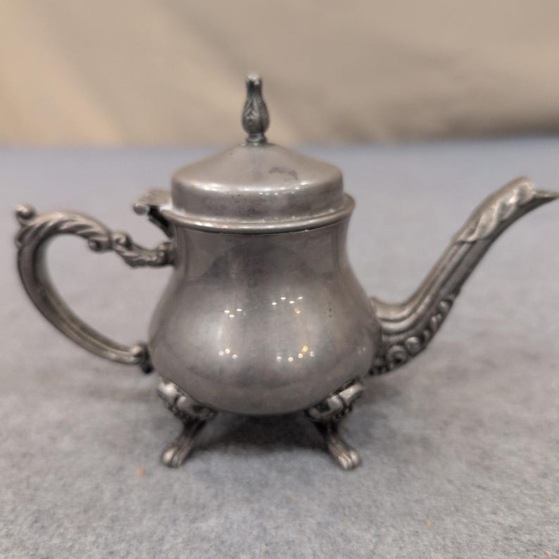 Vintage Miniature Silver Tone Footed Teapot Hinged Lid Ornate Collectible Decor image 3