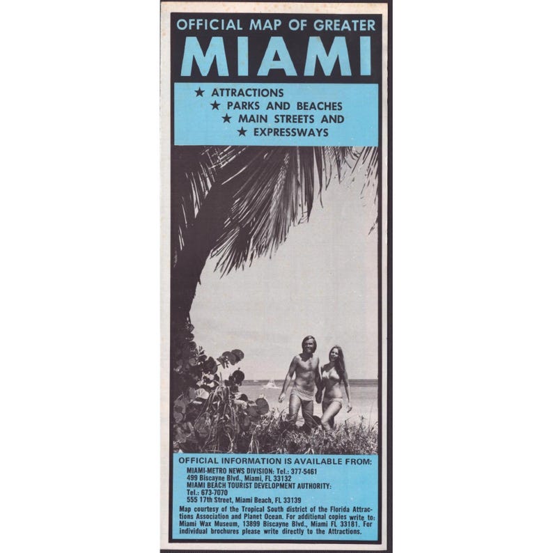 Vintage Official Map of Greater Miami Florida Attractions Beaches Brochure image 1
