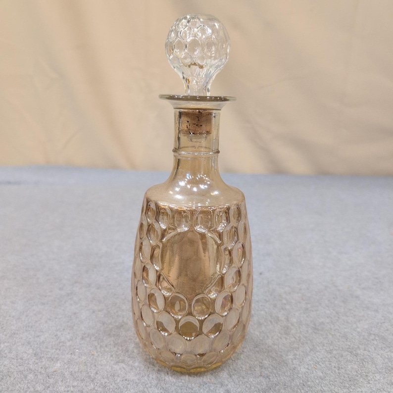 Vintage Amber Iridescent Glass Decanter Thumbprint Pattern with Stopper Cork image 1