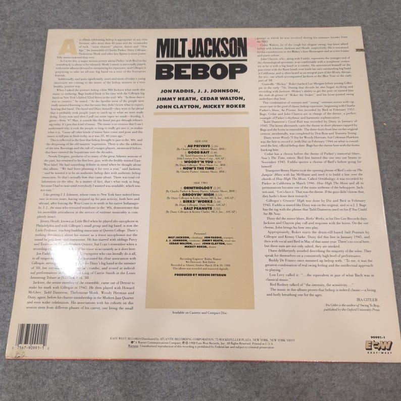 Milt Jackson Bebop Vinyl LP 1988 East-West Records 90991-1 Jazz Digital Recordin image 2