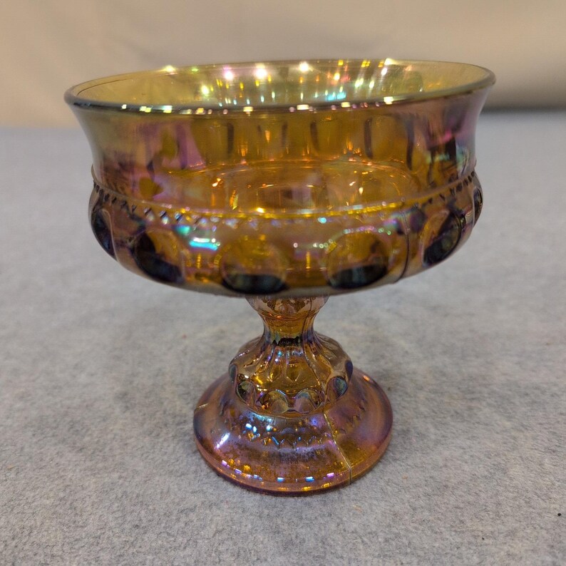 Vintage Indiana Glass Kings Crown Amber Carnival Glass Compote Iridescent Bowl image 1