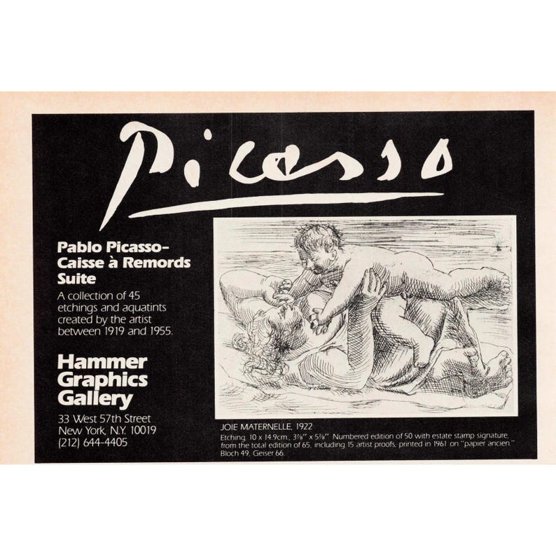 Vintage Pablo Picasso Caisse a Remords Suite Hammer Graphics Gallery Print Ad image 1