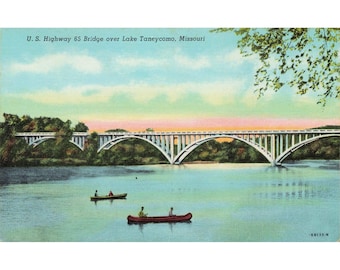Ponte da Rodovia 65 dos EUA sobre o Lago Taneycomo, Missouri, Cartão-postal de linho, Curt Teich Branson