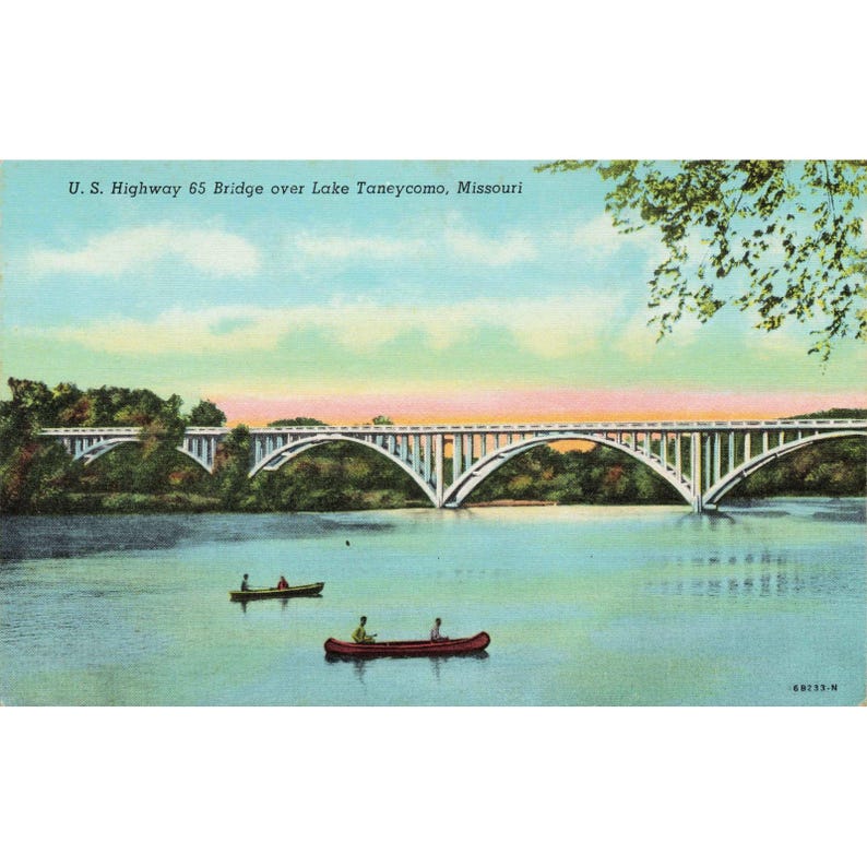 Lake Taneycomo US Highway 65 Bridge Missouri linnen briefkaart Curt Teich Branson afbeelding 1