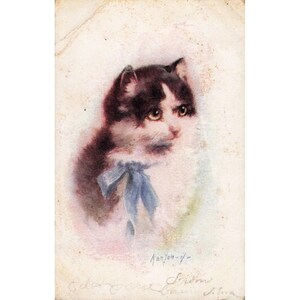 Cartão-postal antigo de gato solitário 5953 Gatinho de smoking com laço azul Verso dividido Kenyon-y- imagem 1