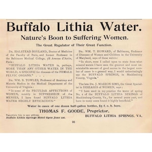 以下が含まれることがあります： バッファロー・リシアウォーターの広告。医師のテキストと引用が特徴です。「Buffalo Lithia Water. Nature's Boon to Suffering Women」という見出し。広告には、水の利点と所有者の住所に関する情報が含まれています。