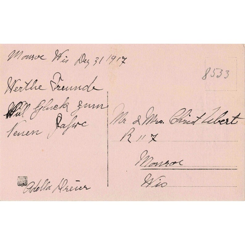 Carte postale du Nouvel An 1917, paysage enneigé allemand, Monroe, Wisconsin, très bon état. image 2