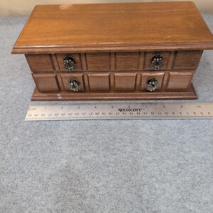 Vintage Wood Jewelry Box Organizer Two Drawer Ring Holder Ornate Pulls 10" Wide image 2