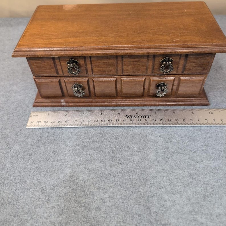Vintage Wood Jewelry Box Organizer Two Drawer Ring Holder Ornate Pulls 10" Wide image 2