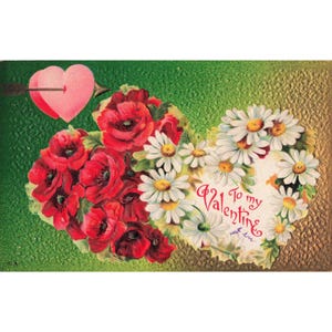 Antique Valentine Postcard Embossed Red Poppies White Daisies Heart Flower image 1
