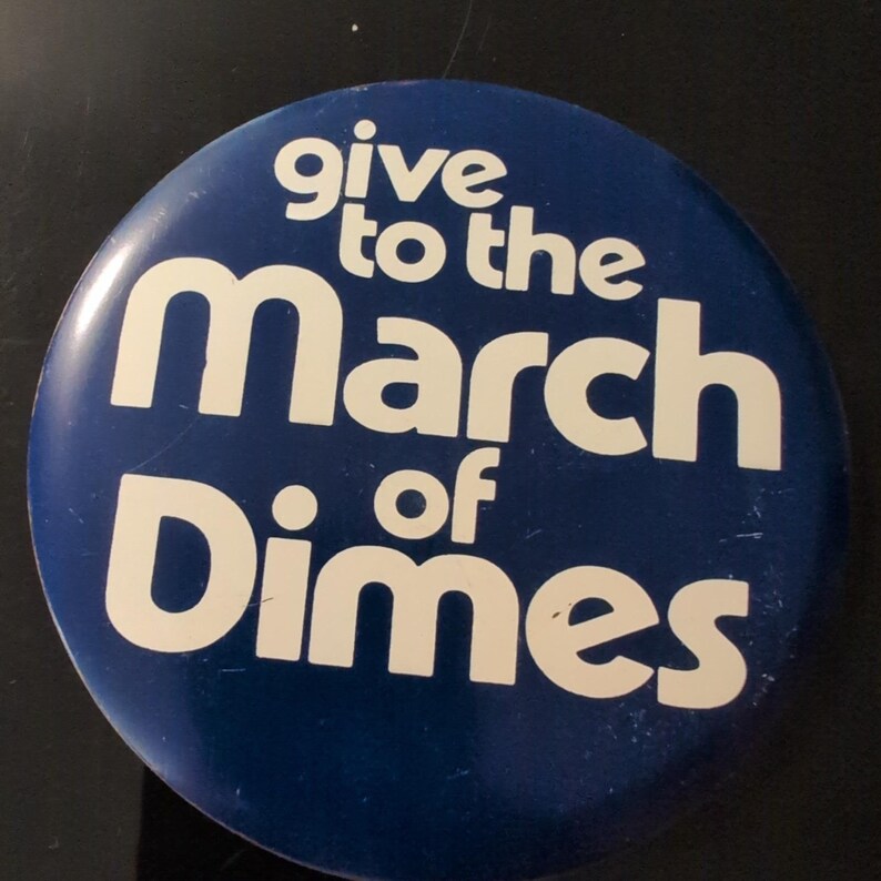 Vintage Give to the March of Dimes Pinback Button Navy Blue White Charity Badge image 1