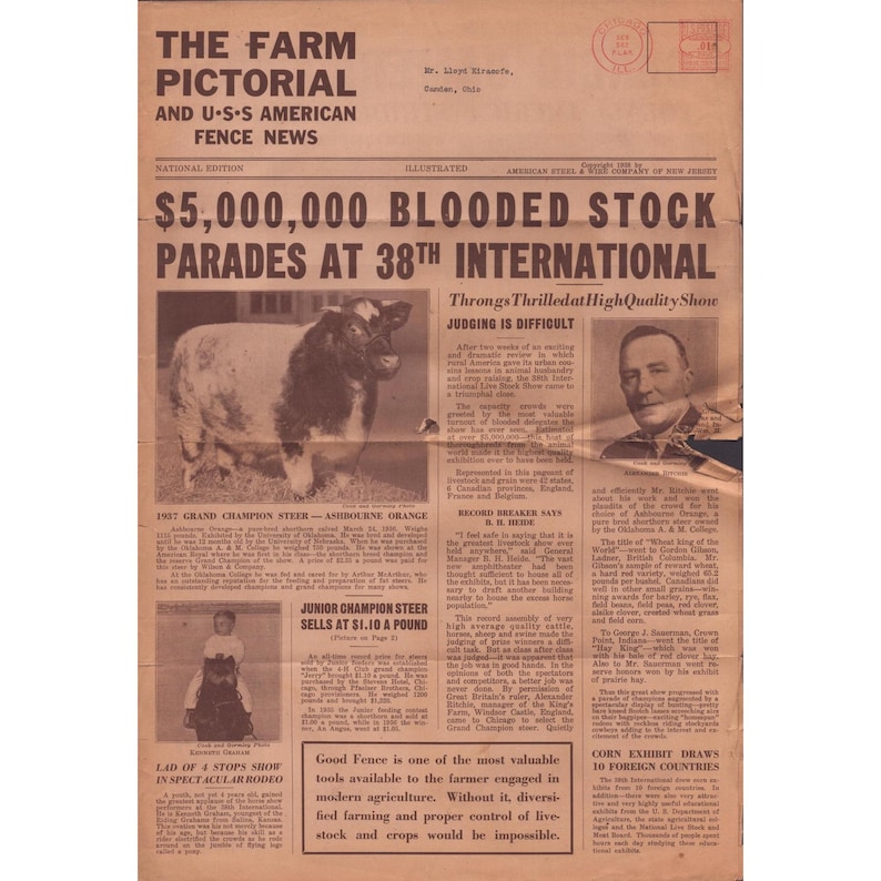 1938 The Farm Pictorial USS American Fence News Newspaper Livestock Show 11x16 image 1