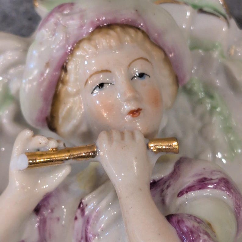 Vintage Porcelain Figurine Boy Playing Flute Wall Plaque Gold Trim Japan image 2