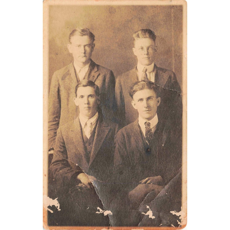 RPPC Four Young Men Formal Suits Studio Portrait AZO 1904-1918 Real Photo image 1