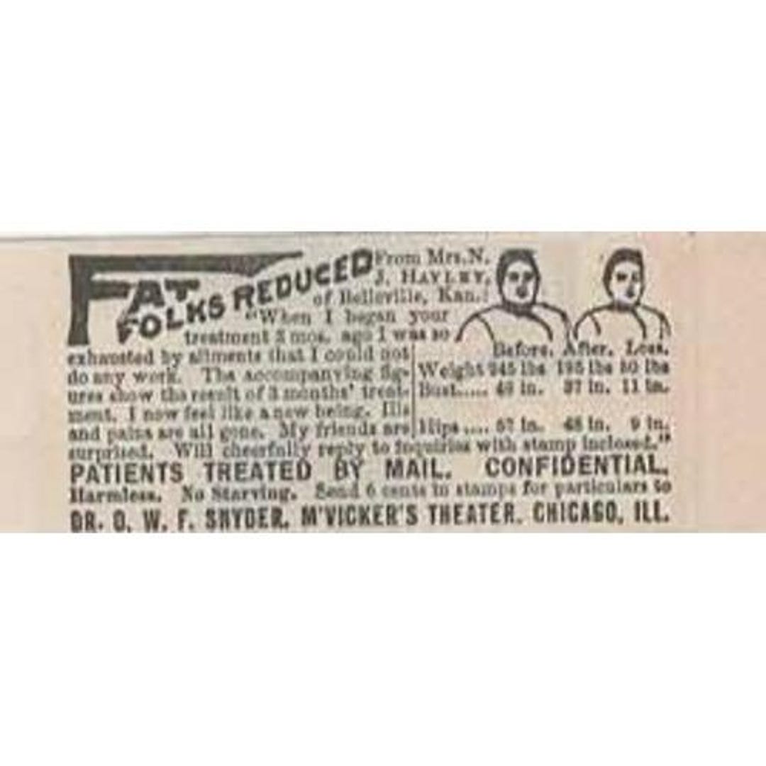 Fat Folks Reduced Advertisement Weight Loss Dr Snyder 1892 Print Ad - Etsy