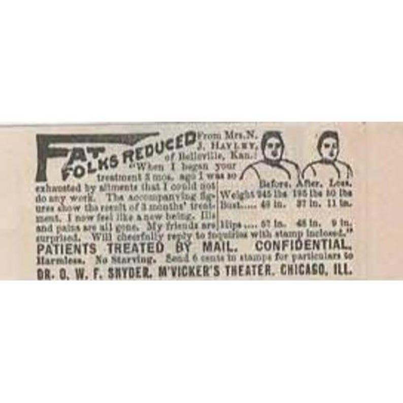 Fat Folks Reduced Advertisement Weight Loss Dr Snyder 1892 Print Ad image 1