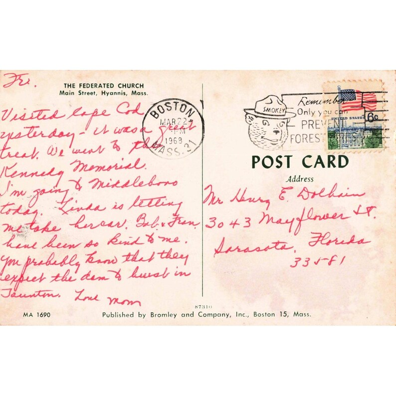 Vintage-Postkarte von 1968 der Federated Church in Hyannis, Massachusetts (MA 1690 Bromley Co.) Bild 2