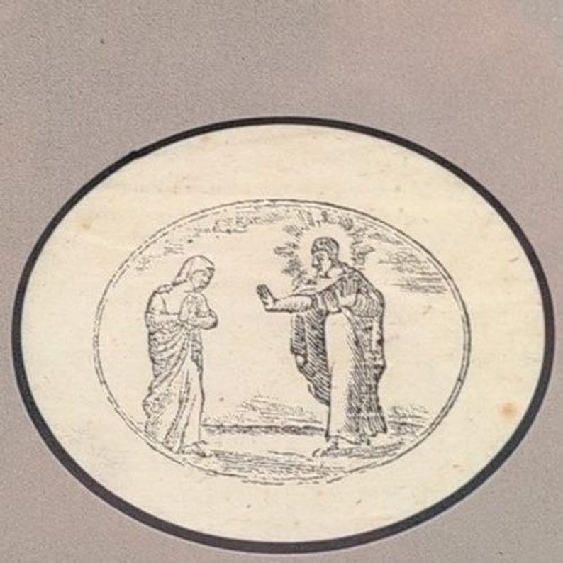 VTG Framed Woodcut Print Jesus & Mary Magdalene John 20:17 "Do not hold onto me" image 1