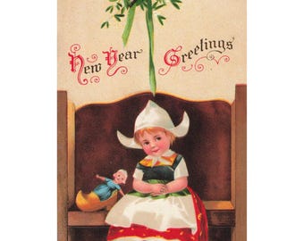 Vintage Ellen Clapsaddle New Year Postcard Dutch Girl Mistletoe Germany VG